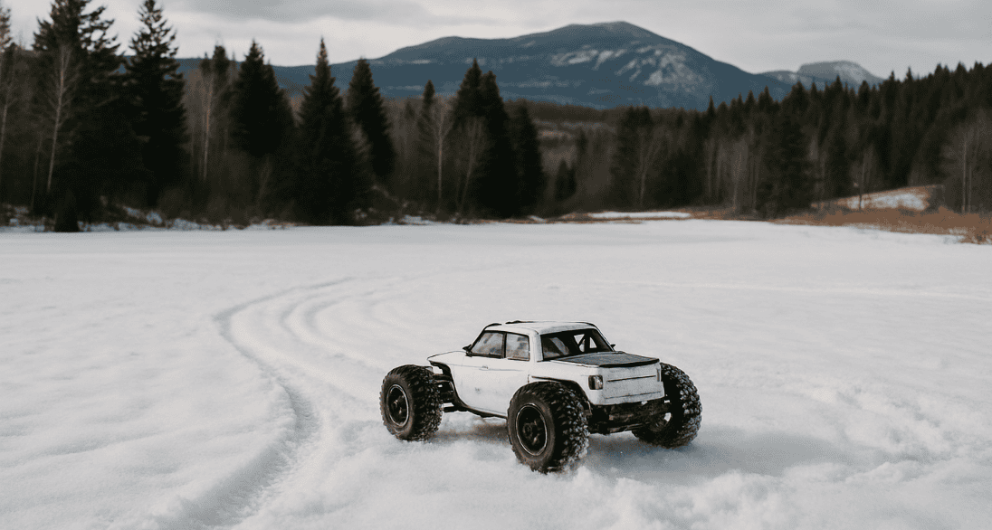 RC truck testing waterproofing on a snowy trail with forest backdrop.