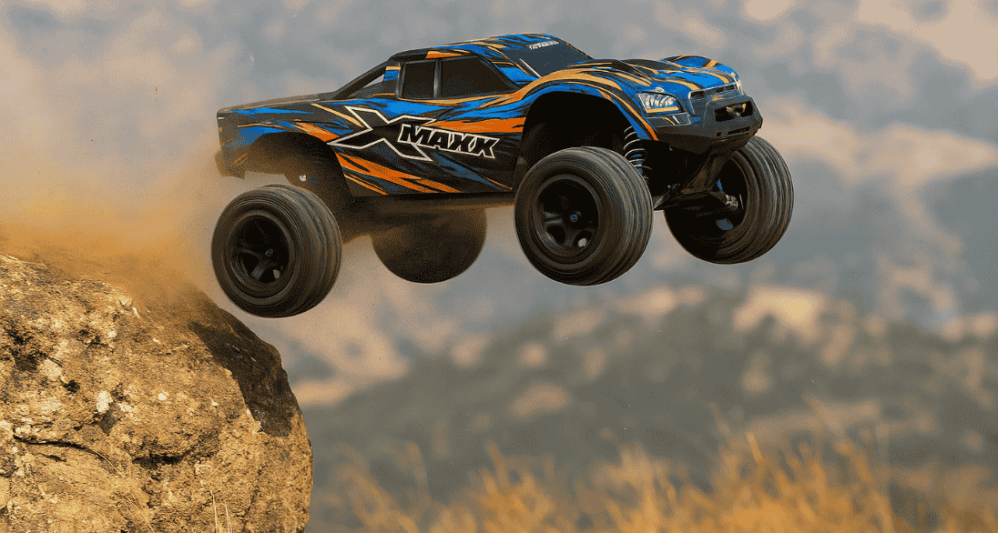 Traxxas X-Maxx 8S 4WD Brushless RC monster truck launching off a cliff.