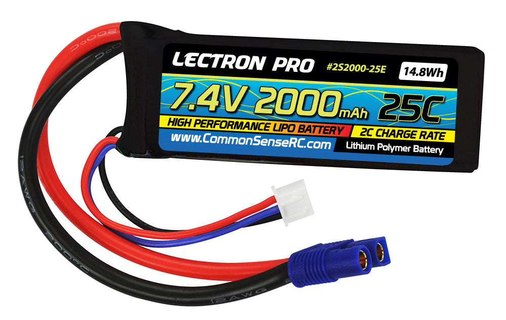 Lectron Pro 7.4V 2000mAh 25C Lipo Battery with EC3 Connector for 1/16 & 1/18 Scale Cars & Trucks - - Common Sense RC