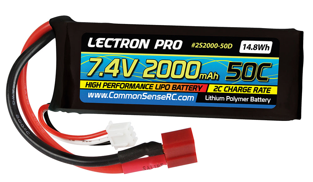 Lectron Pro 7.4V 2000mAh 50C Lipo Battery with Deans-type Connector for 1/16 & 1/18 Scale Cars & Trucks, Mid-size Foamies - - Common Sense RC
