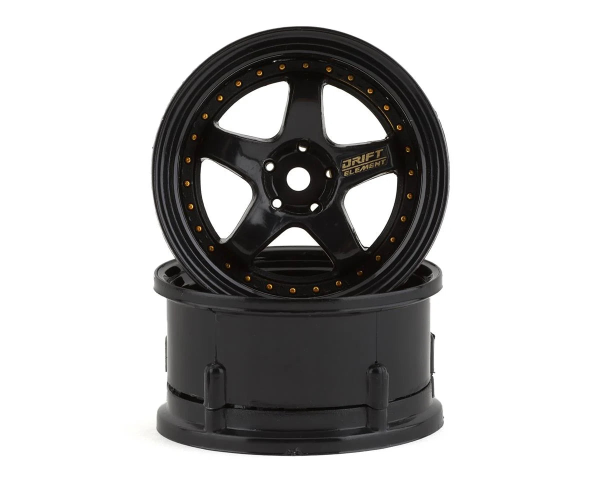 DS Racing Drift Element 5 Spoke Drift Wheels (Triple Black w/Gold Rivets) (2) (Adjustable Offset) w/12mm Hex - stpatty - AMain Distributing
