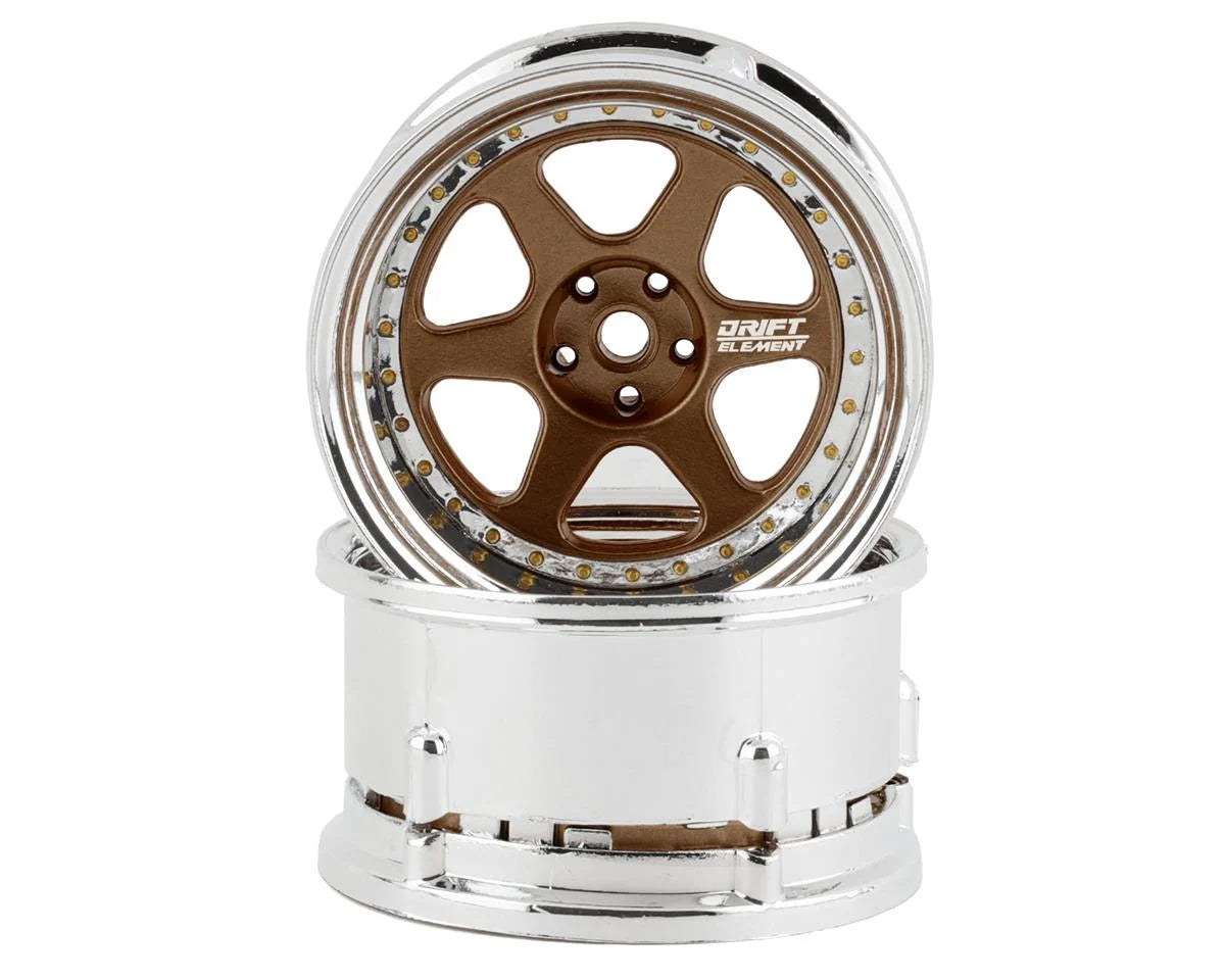 DS Racing Drift Element 6 Spoke Drift Wheels (Bronze & Chrome w/Gold Rivets) (2) (Adjustable Offset) w/12mm Hex - stpatty - AMain Distributing