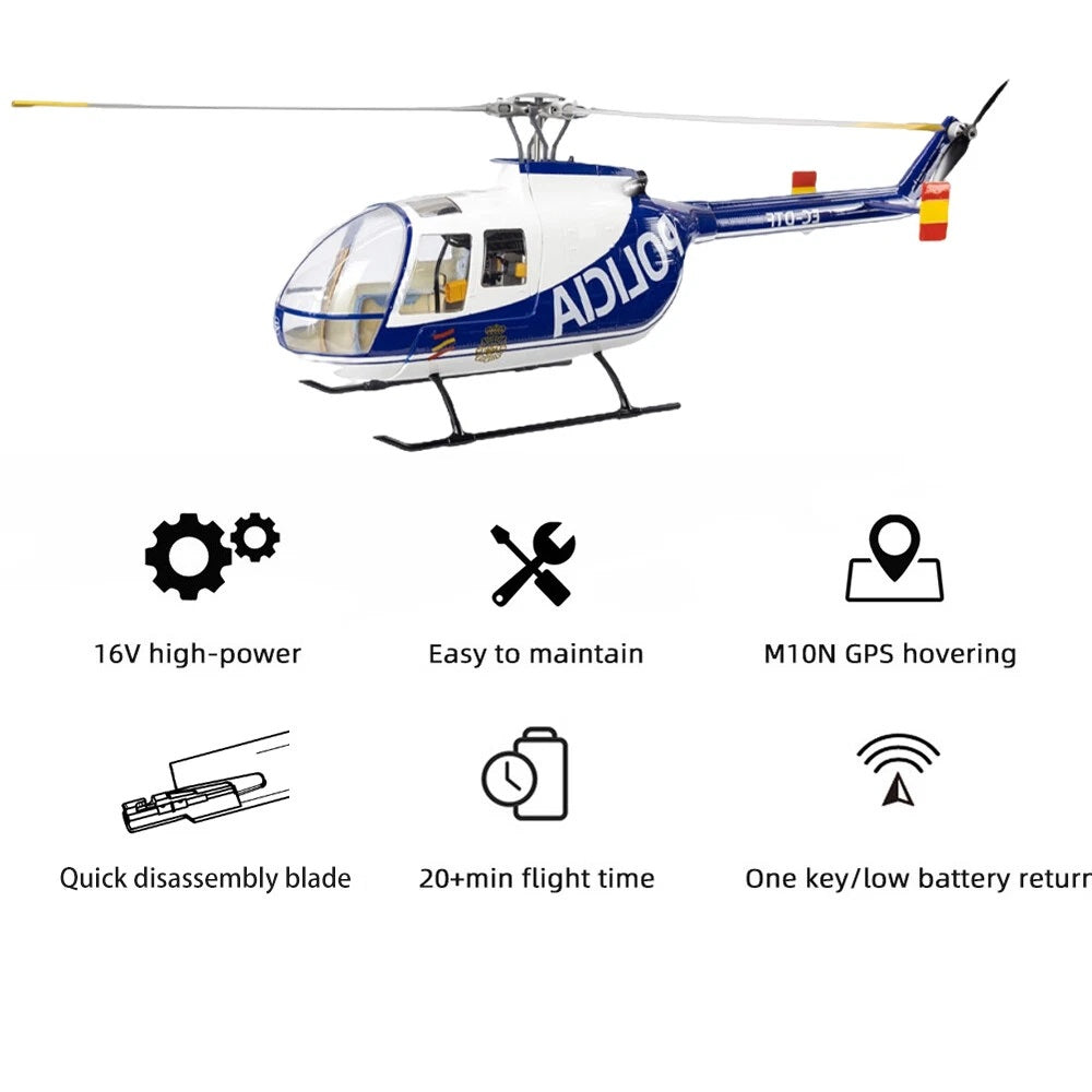 FlyWing BO-105 Scale RC Helicopter RTF/GPS - Blue White(POLICIA) - - Fly Wing