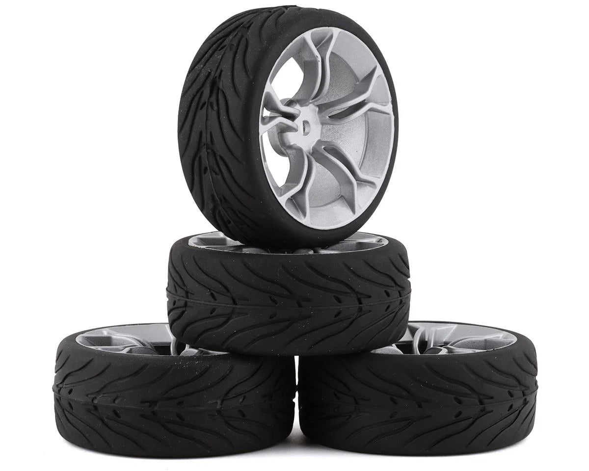 Yeah Racing Spec T Pre-Mounted On-Road Touring Tires w/MS Wheels (Silver) (4) w/12mm Hex & 3mm Offset - - AMain Distributing