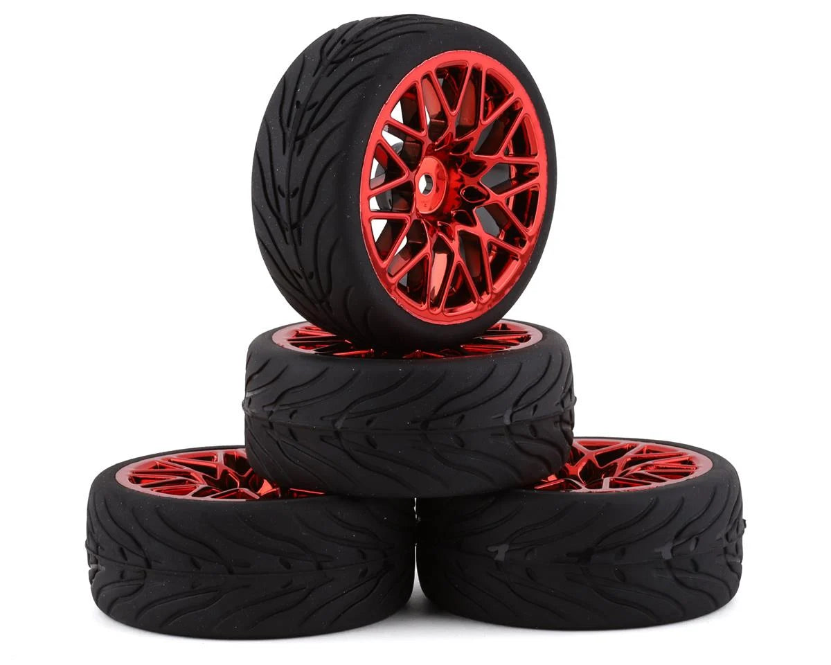 Yeah Racing Spec T Pre-Mounted On-Road Touring Tires w/LS Wheels (Red) (4) w/12mm Hex & 3mm Offset - - AMain Distributing