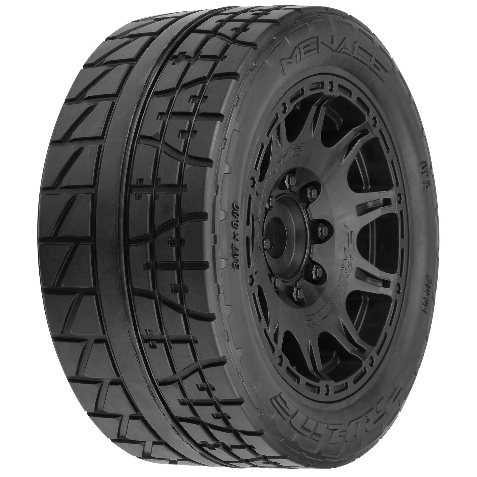 PROLINE 1/6 Menace HP BELTED Fr/Rr 5.7" MT Tires Mounted 24mm Blk Raid (2) - - Horizon Hobbies, Inc.