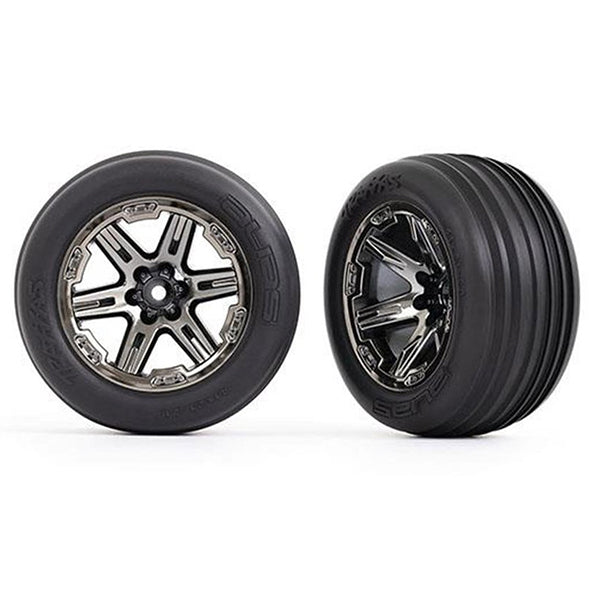 Traxxas Tires & wheels 2.8", RXT black chrome wheels, ribbed tires (2) - - Traxxas