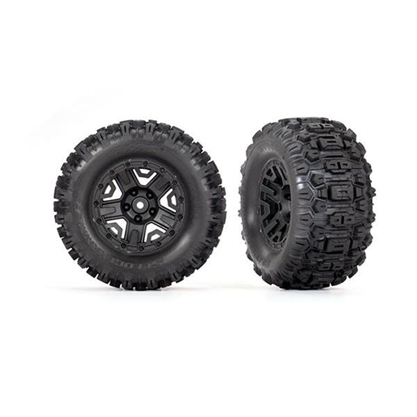 Traxxas Tires & wheels, assembled, glued (black 2.8" wheels, Sledgehammer® tires, foam inserts) (electric rear) (2) (TSM® rated) - Wheel/Tires - Traxxas