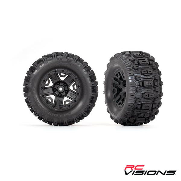Traxxas Tires & wheels, assembled, glued (black 2.8" wheels, Sledgehammer® tires, foam inserts) (electric rear) (2) (TSM® rated) - Wheel/Tires - Traxxas