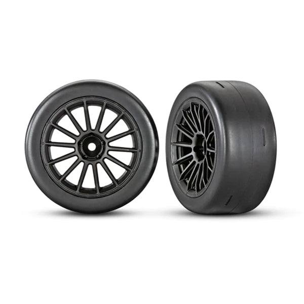 Traxxas Tires and wheels, assembled, glued (multi-spoke black wheels, 2.0' ultra-wide slick tires, foam inserts) (front) (2) - Wheel/Tires - Traxxas