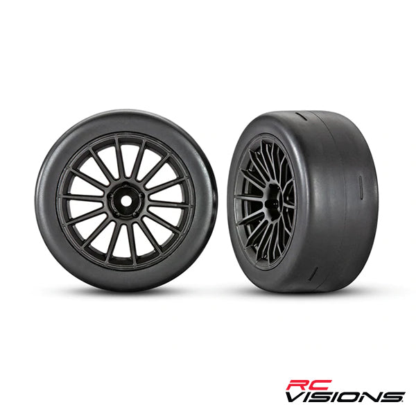 Traxxas Tires and wheels, assembled, glued (multi-spoke black wheels, 2.0' ultra-wide slick tires foam inserts) (rear) (2) - Wheel/Tires - Traxxas