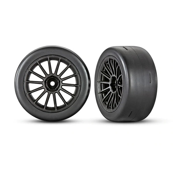 Traxxas Tires and wheels, assembled, glued (multi-spoke black wheels, 2.0' ultra-wide slick tires foam inserts) (rear) (2) - Wheel/Tires - Traxxas