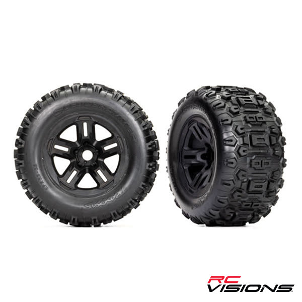 Traxxas Tires and wheels, assembled, glued 3.8' black wheels, Sledgehammer® (2) - Wheel/Tires - Traxxas