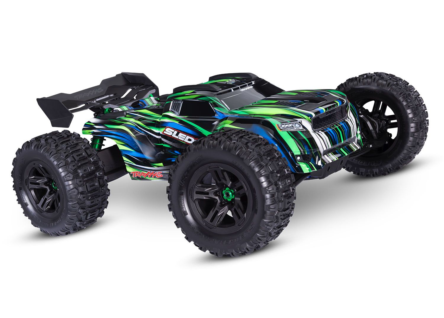 Traxxas Sledge® 1/8 scale 4WD brushless monster truck. Fully assembled, Ready-To-Race®, with TQi™ 2.4GHz radio system, VXL-6s™ power system, belted Sledgehammer® tires, and ProGraphix® clipless body.