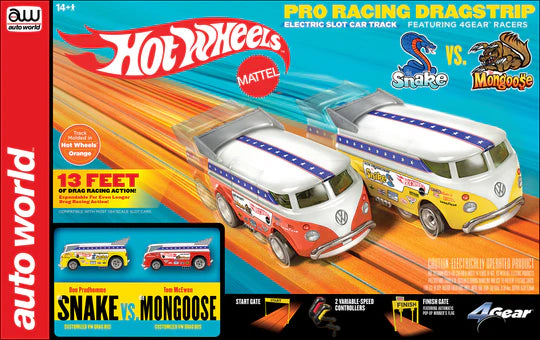 AUTO WORLD 13' HOT WHEELS "SNAKE" VS "MONGOOSE" MANUAL SLOT DRAG SET HO SCALE