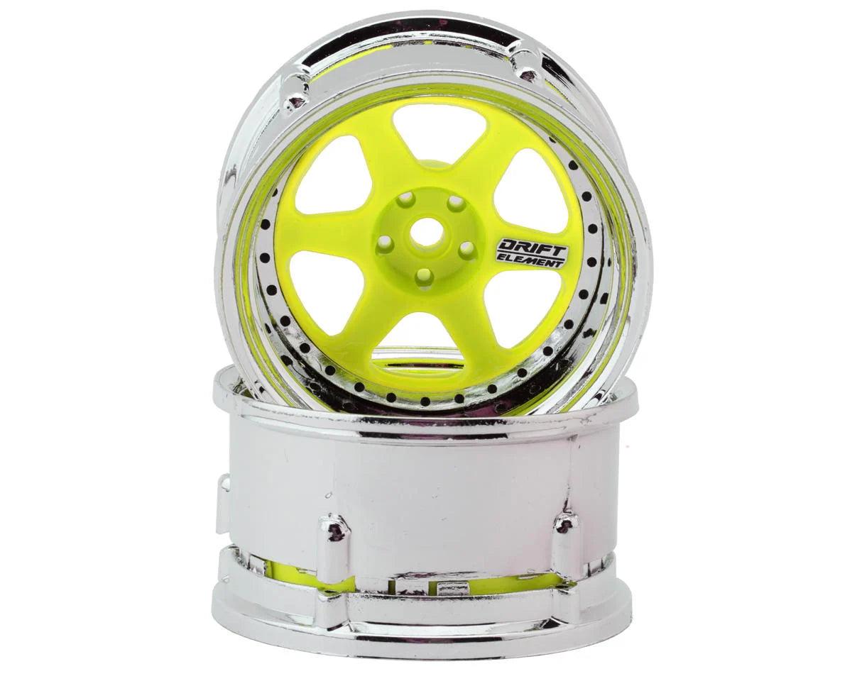DS Racing Drift Element 6 Spokes Drift Wheel (Flu Yellow/Chrome Lip/Black Rivet) (Adjustable Offset) (2) w/12mm Hex -  - RC Visions