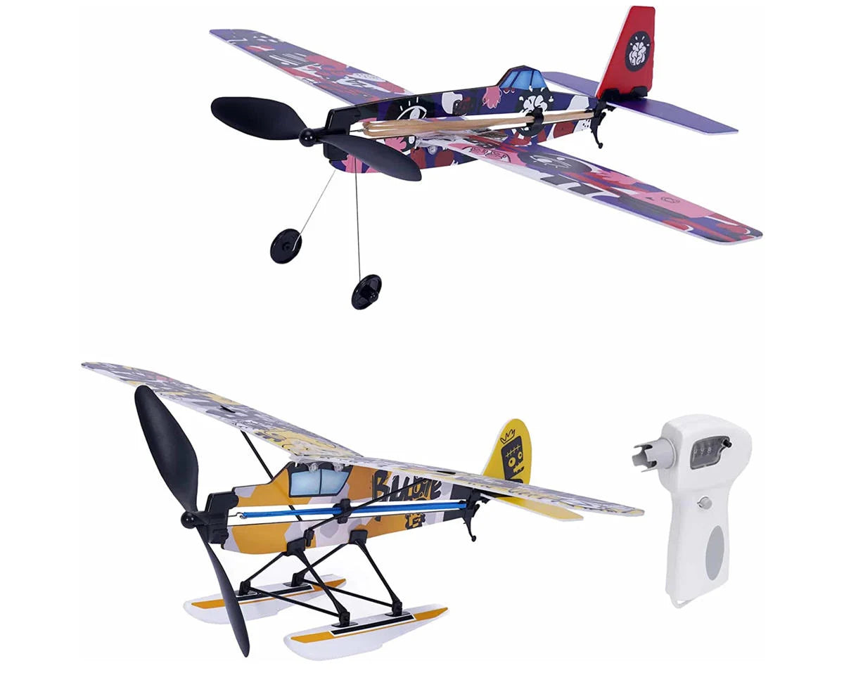 PlaySTEM Airplane Science Rubber Band Powered 3-in-1 Airplane Set w/Electric Rubber Band Winder -  - AMain Distributing