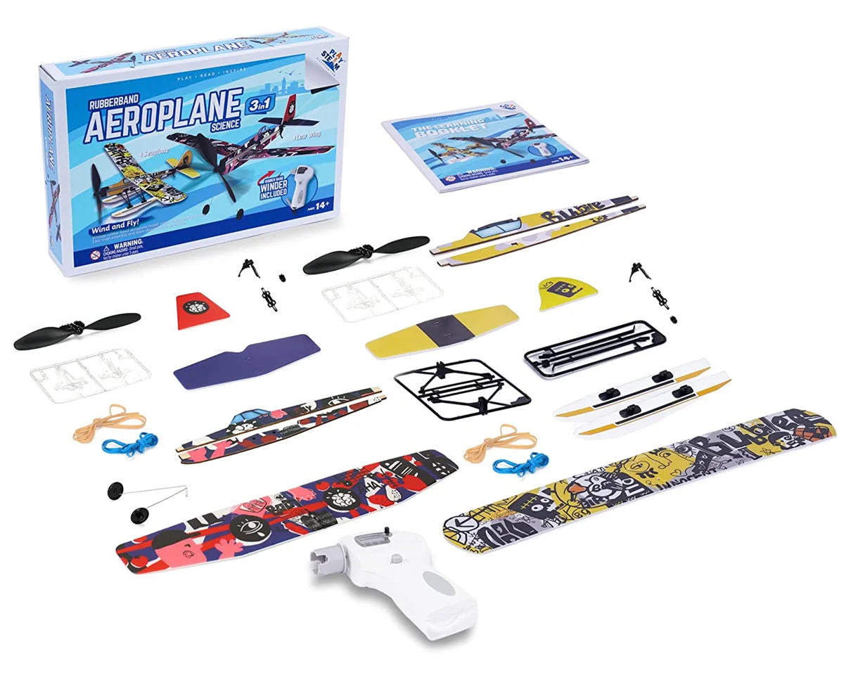 PlaySTEM Airplane Science Rubber Band Powered 3-in-1 Airplane Set w/Electric Rubber Band Winder -  - AMain Distributing