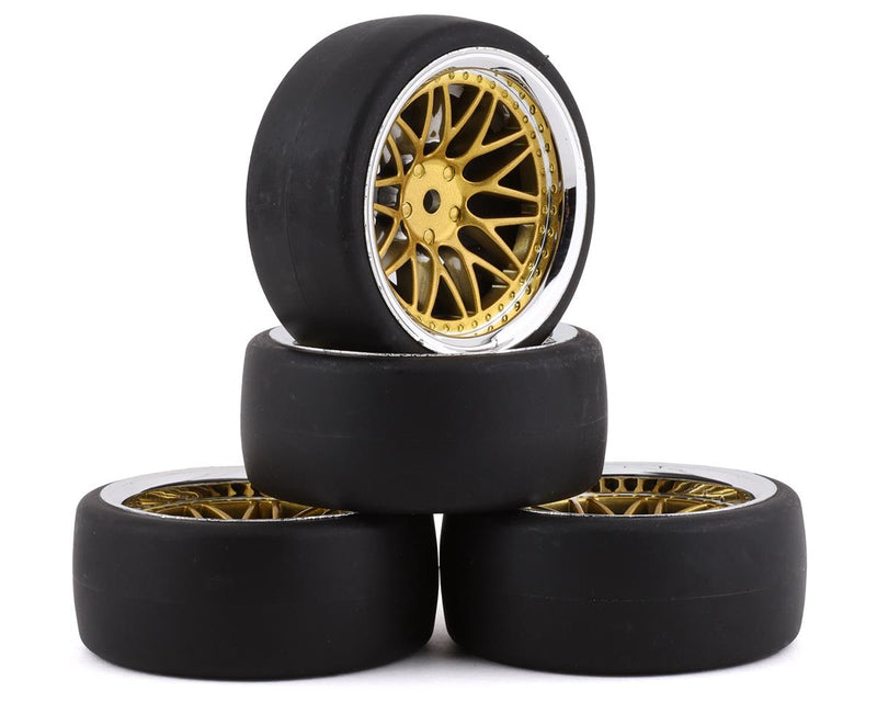 Yeah Racing Spec D Pre-Mounted Drift Tires w/LS Mesh Wheels (Chrome/Gold) (4) w/12mm Hex & 6mm Offset