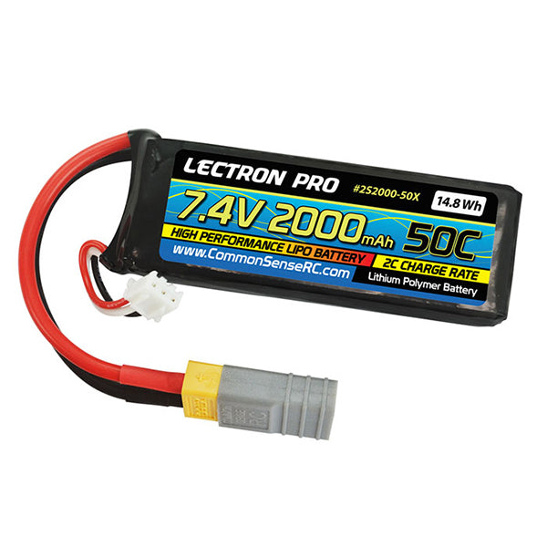 Common Sense RC Lectron Pro 7.4V 2000mAh 50C Lipo Battery with XT60 Connector + CSRC adapter for XT60