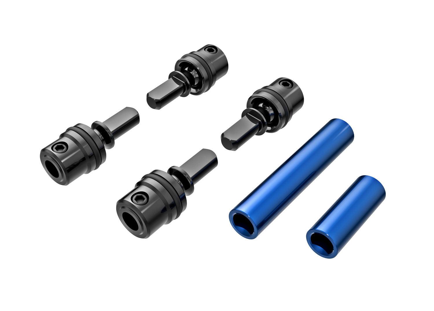 TRAXXAS  Driveshafts, center, male (steel) (4)/ driveshafts, center, female, 6061-T6 aluminum (blue-anodized) (front & rear)/ 1.6x7mm BCS (with threadlock) (4)