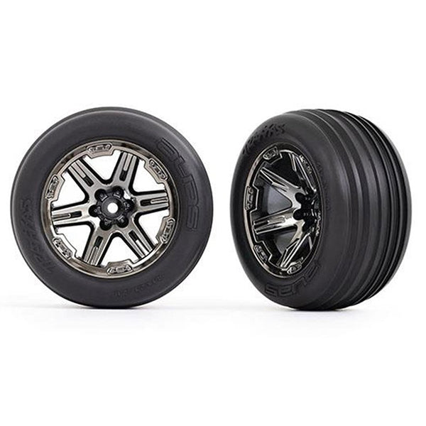 Traxxas Tires & wheels 2.8", RXT black chrome wheels, ribbed tires (2)