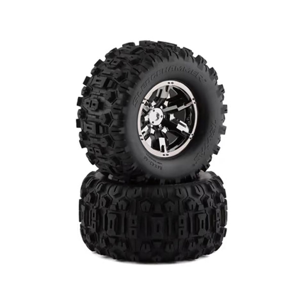 Traxxas X-MaxxÂ® wheels, SledgehammerÂ® tires, foam inserts Black chrome